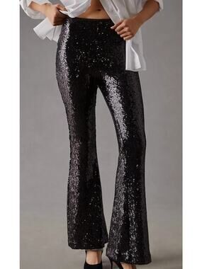 Anthropologie Joni Sequin Flare Pants Poly Stretch Lined Black Size 4 Petite
